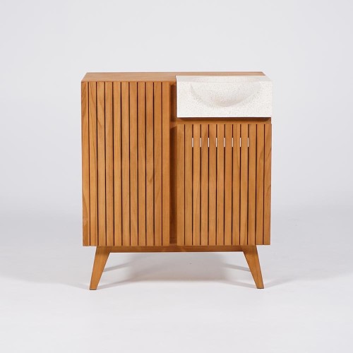 Wastafelmeubel van massief teakhout met witte terrazzo waskom - Neela