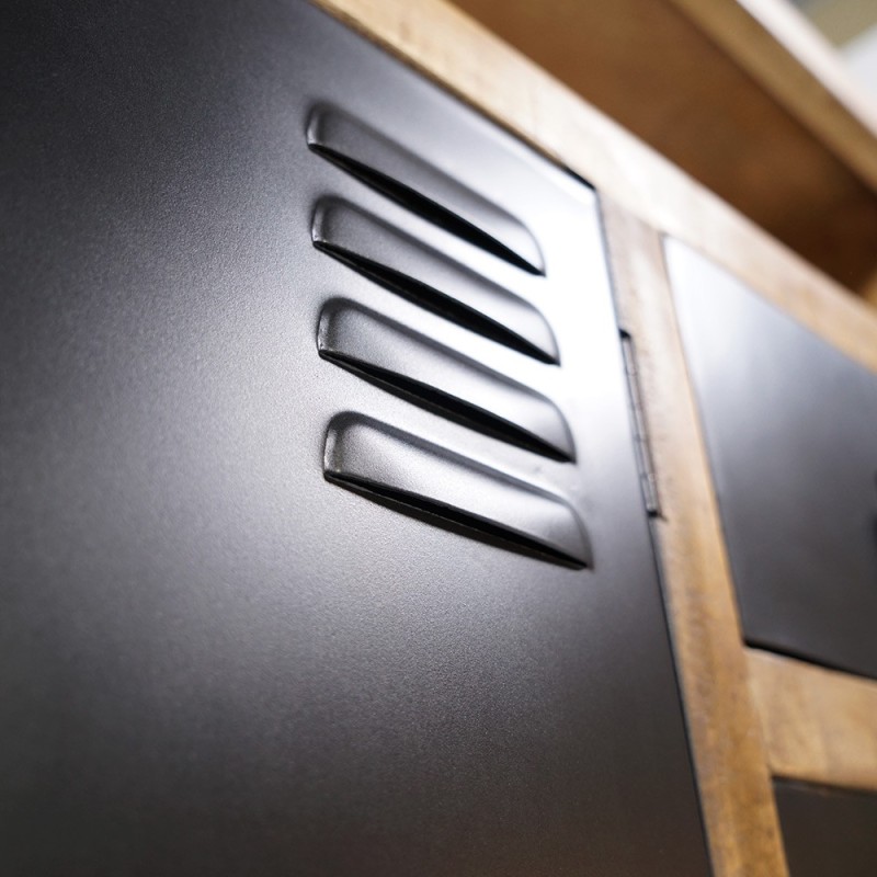 Industrieel massief houten dressoir met 2 deuren en 3 zwart metalen laden 150 cm - Kansas