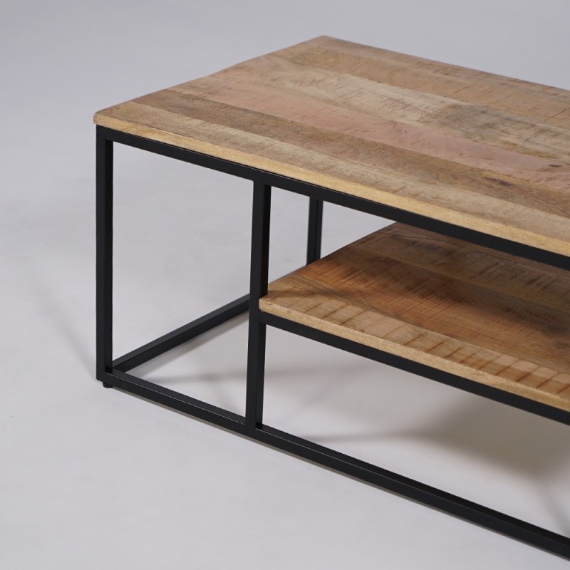 Houten salontafel met metalen onderstel en frame