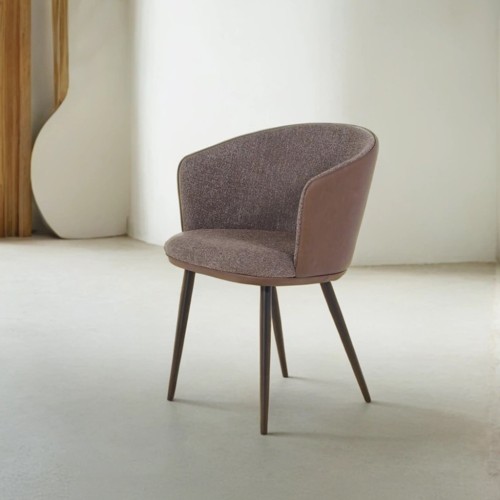 Eetkamerstoel in bruine boucléstof, bruin kunstleer – Hey