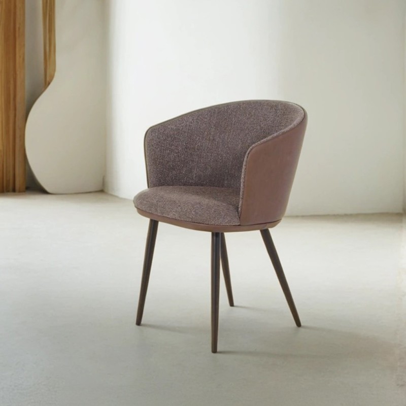Eetkamerstoel in bruine boucléstof, bruin kunstleer – Hey