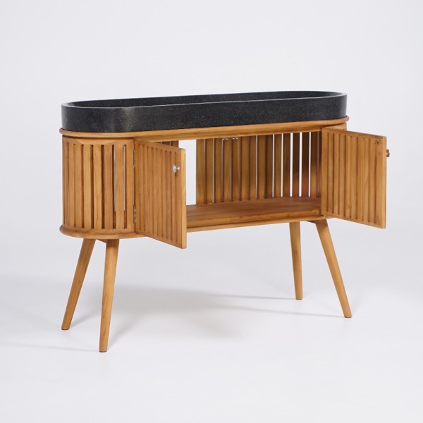 120 cm massief teak badkamermeubel met zwarte terrazzo waskom - Keya