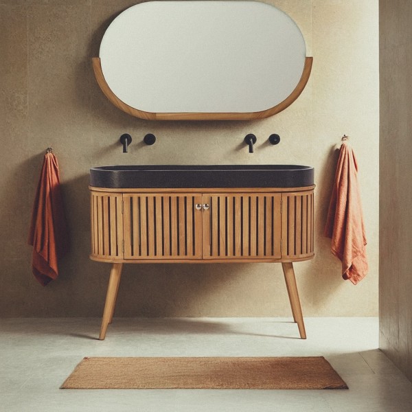 120 cm massief teak badkamermeubel met zwarte terrazzo waskom - Keya