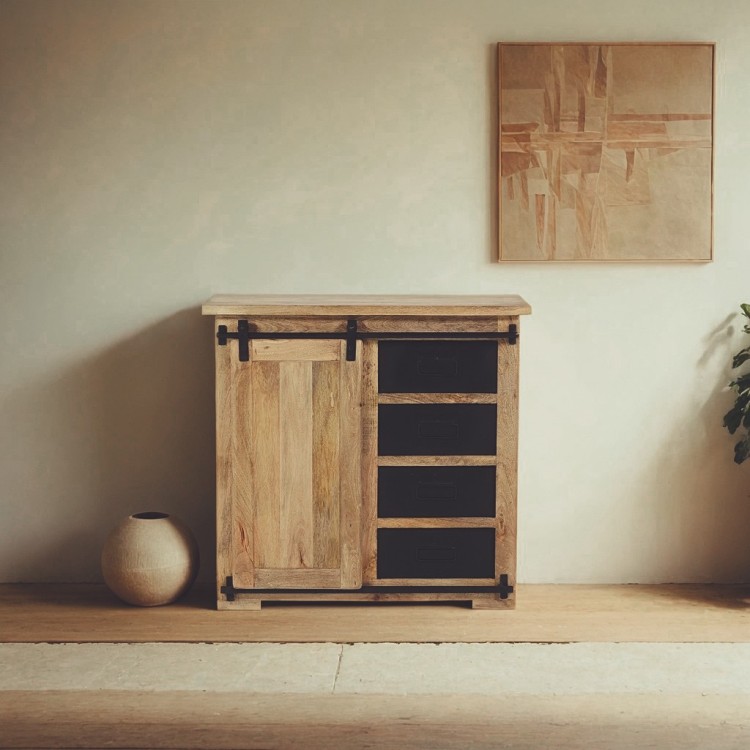 Klein industrieel houten en metalen dressoir 90cm - Paris