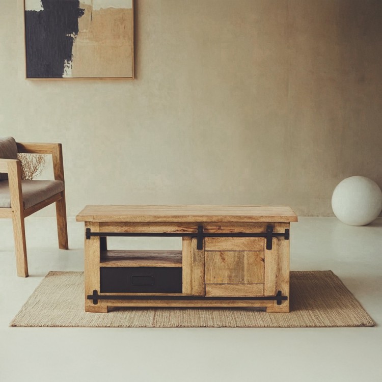 Houten en metalen industriële salontafel 100cm - Paris