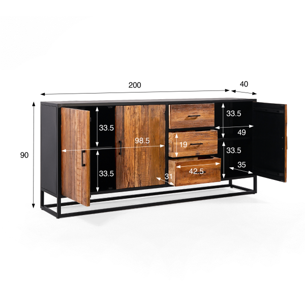 Dressoir 200 cm in gerecycleerd hout – Recycled