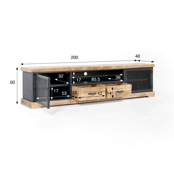 TV-meubel van massief hout en metaal 200 cm - Cambridge