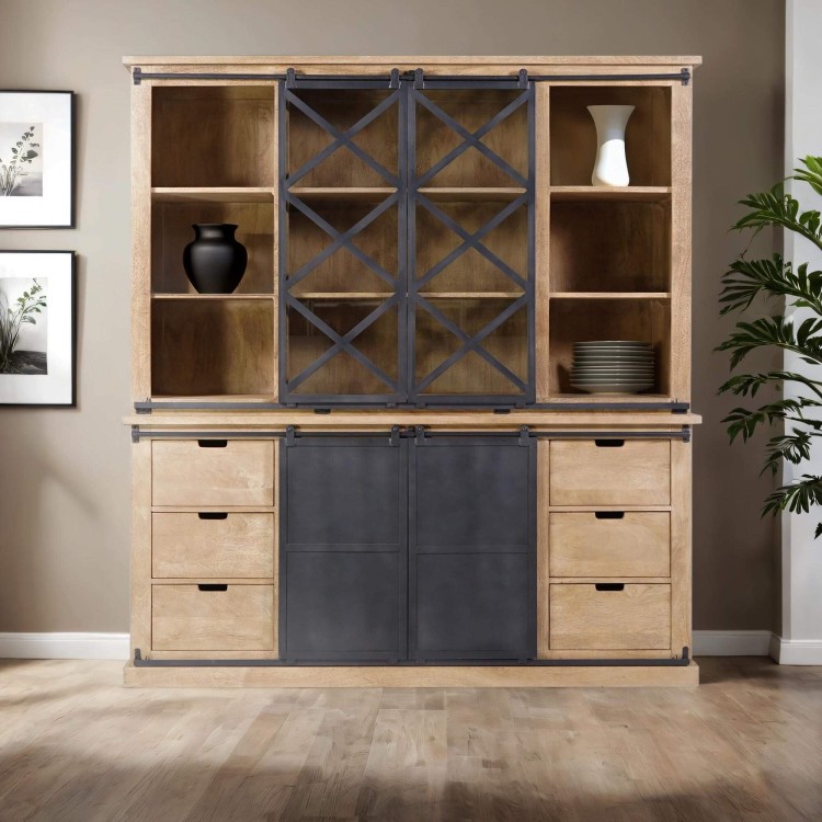 Vitrinekast in industriële stijl van massief hout 180 cm – Detroit