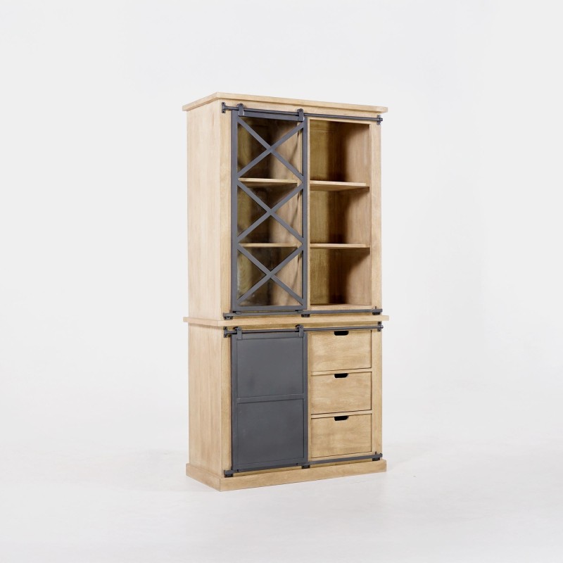 Vitrinekast in massief hout in industriële stijl 100 cm – Detroit