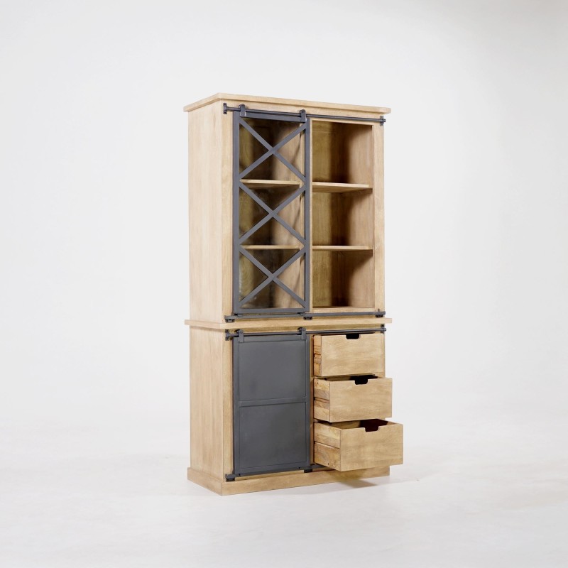 Vitrinekast in massief hout in industriële stijl 100 cm – Detroit