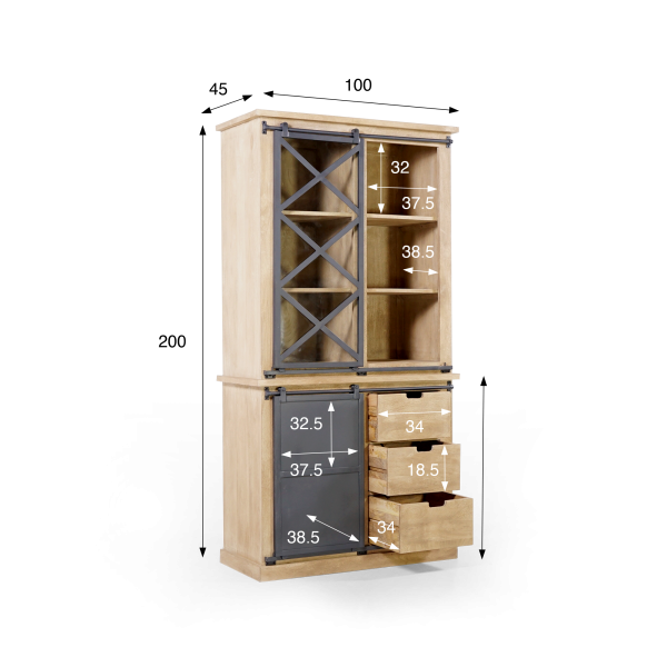 Vitrinekast in massief hout in industriële stijl 100 cm – Detroit
