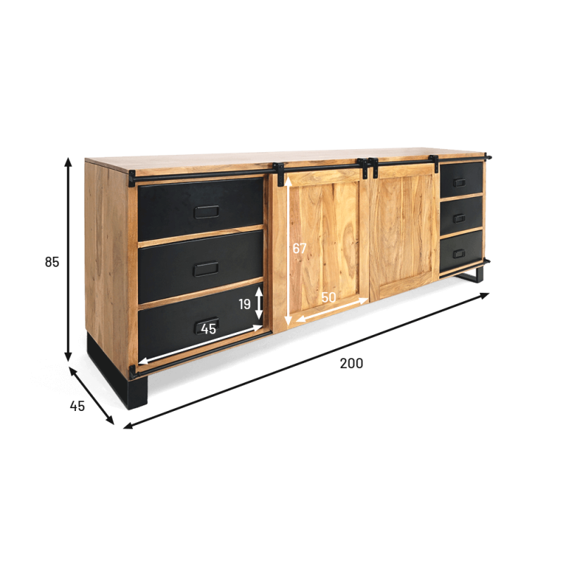 Groot buffet van hout & metaal 200 cm - Osaka