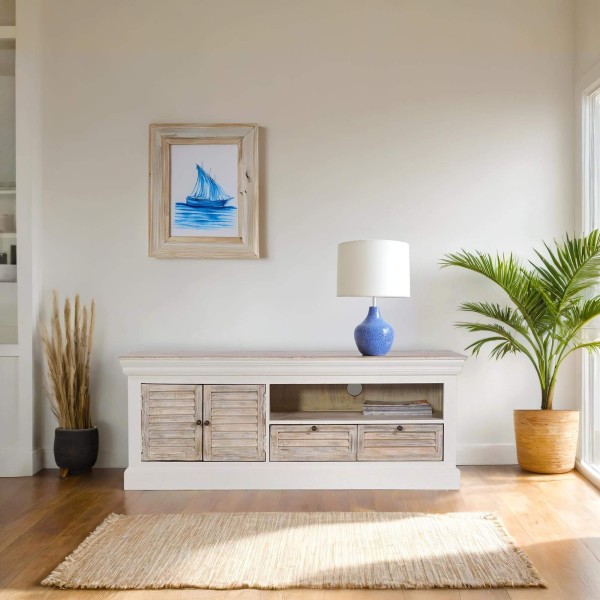 Witte tv-meubel van 140 cm in natuurlijk hout – Sea side