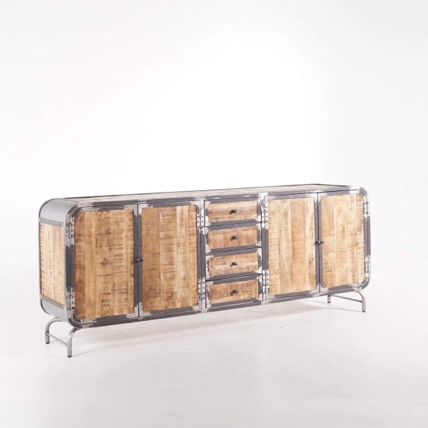 Industrieel dressoir in massief hout en metaal met 4 deuren - Manchester