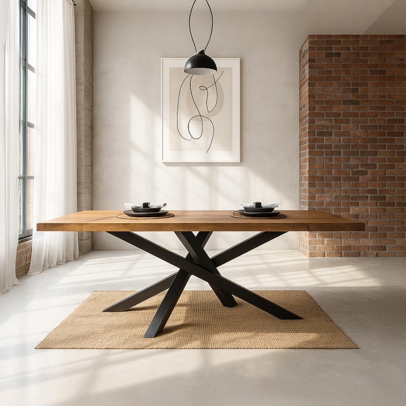 Eettafel in massief hout met metalen mikadopoot