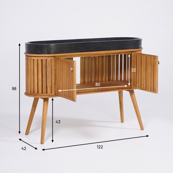 120 cm massief teak badkamermeubel met zwarte terrazzo waskom - Keya