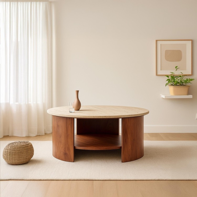 Massief houten salontafel met travertijnen blad