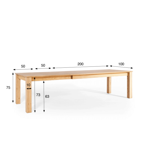 Eettafel van eikenhout 200 x 100 cm met verlengstukken van 2 x 50 cm