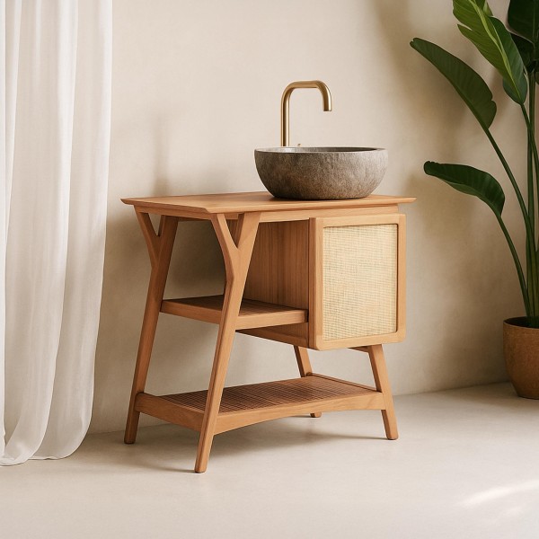 Badmeubel in massief teakhout met enkele wasbak 80 cm – Kalindi