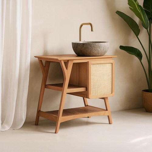 Badmeubel in massief teakhout met enkele wasbak 80 cm – Kalindi