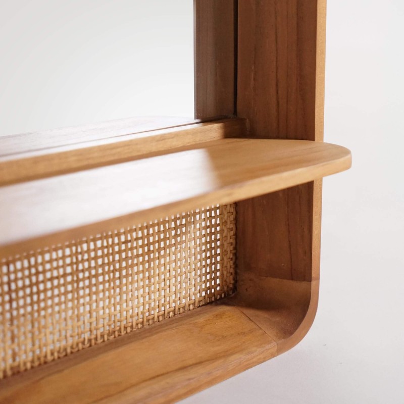 Rechthoekige spiegel in teak hout en rotan vlechtwerk