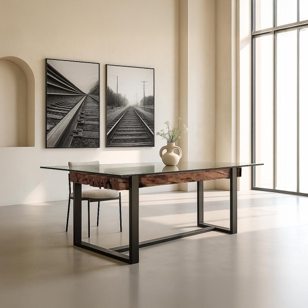 Rechthoekige eettafel in glas met spoorbielzen – Railwood