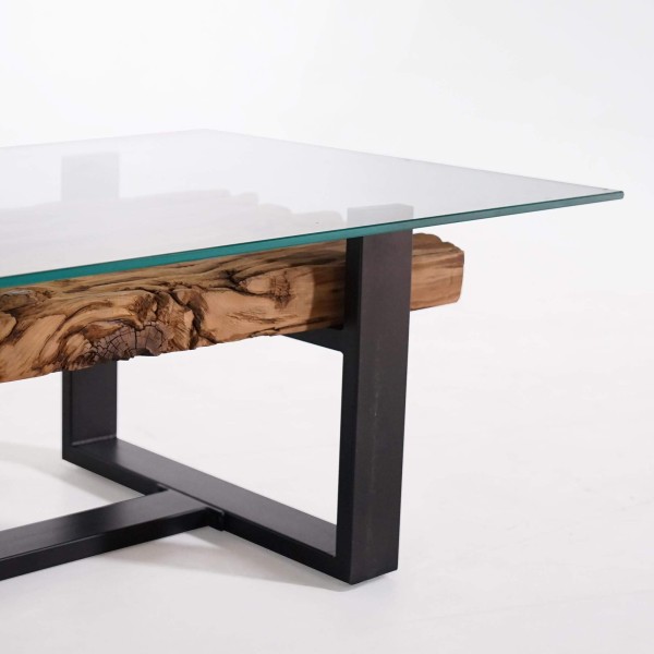 Salontafel in glas met spoorbielzen – Railwood