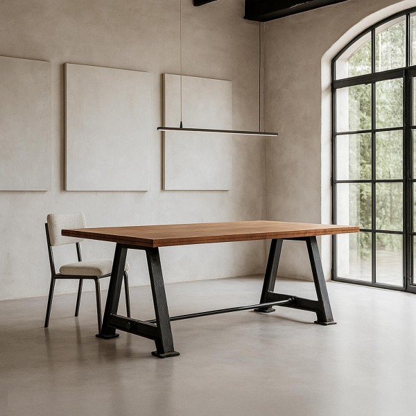 Eettafel in industriële stijl van massief hout met gietijzeren poten – Hudson