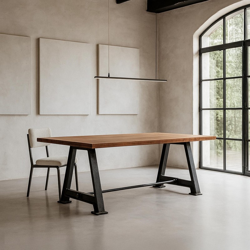 Eettafel in industriële stijl van massief hout met gietijzeren poten – Hudson