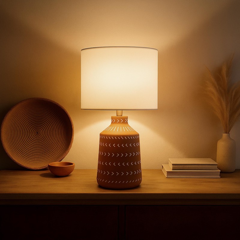 Ambachtelijke terracotta keramische lamp – handgeschilderd etnisch motief – Zahara