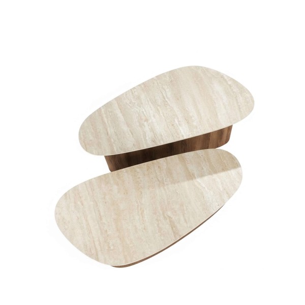 Set van 2 driehoekige salontafels in travertin-keramiek – Tavola