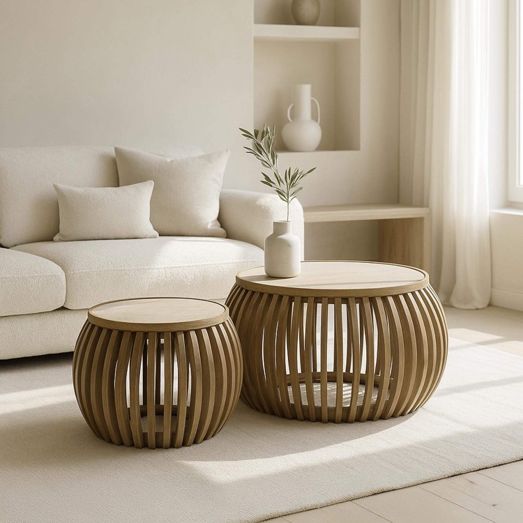 Set van 2 ronde salontafels in mangohout met keramisch blad – Nuovo