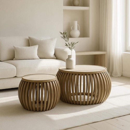 Set van 2 ronde salontafels in mangohout met keramisch blad – Nuovo