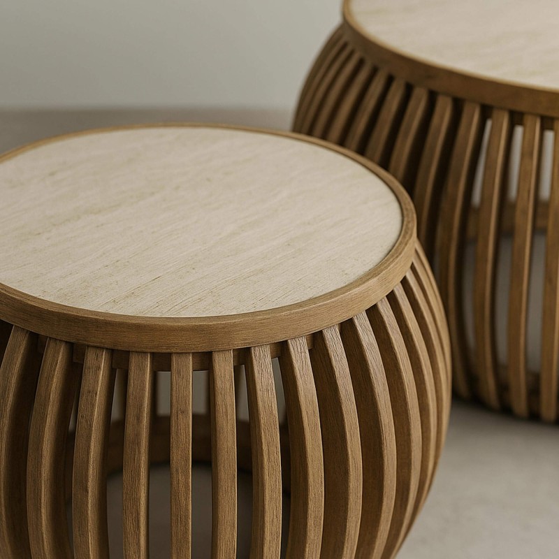 Set van 2 ronde salontafels in mangohout met keramisch blad – Nuovo