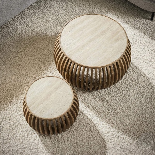Set van 2 ronde salontafels in mangohout met keramisch blad – Nuovo