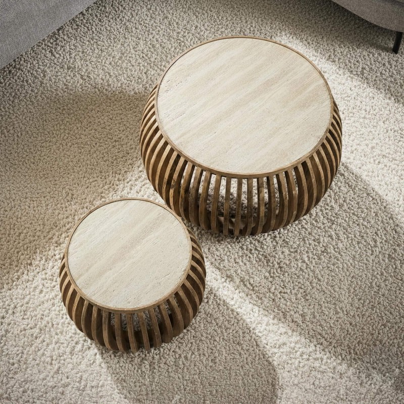 Set van 2 ronde salontafels in mangohout met keramisch blad – Nuovo