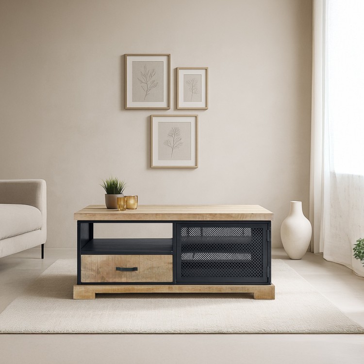 Salontafel in industriële stijl van massief hout en metaal – Cambridge