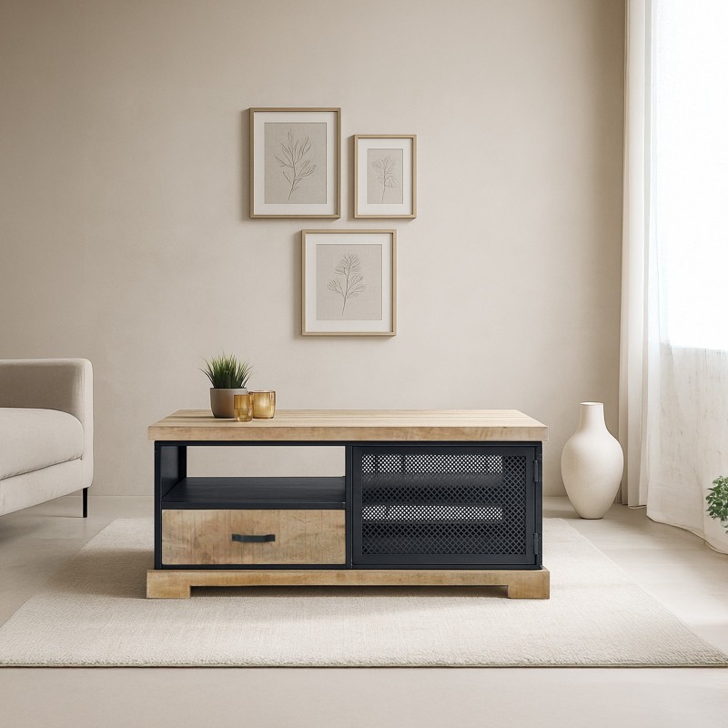 Salontafel in industriële stijl van massief hout en metaal – Cambridge