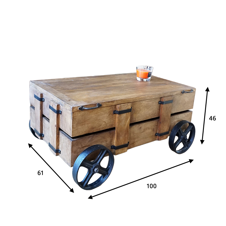 Salontafel in massief hout met metalen wieltjes en opbergkist