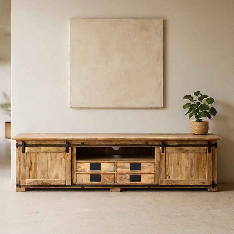 Meuble TV bois massif 220 cm avec porte coulissante - Paris