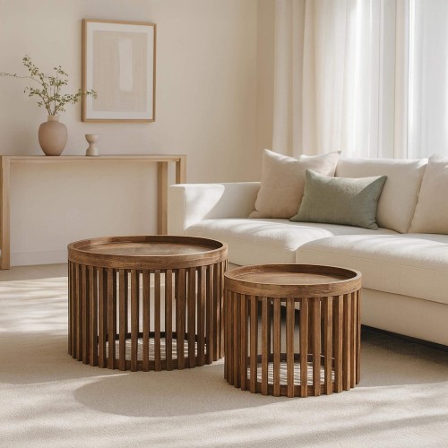 Ronde salontafels in naturel mangohout (set van 2) – Orbit