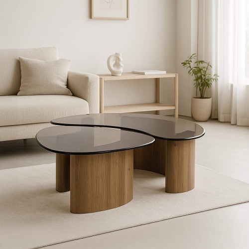 Salontafel in organische vorm met glazen blad (set van 2) – Tinto