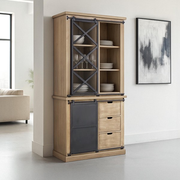 Vitrinekast in massief hout in industriële stijl 100 cm – Detroit