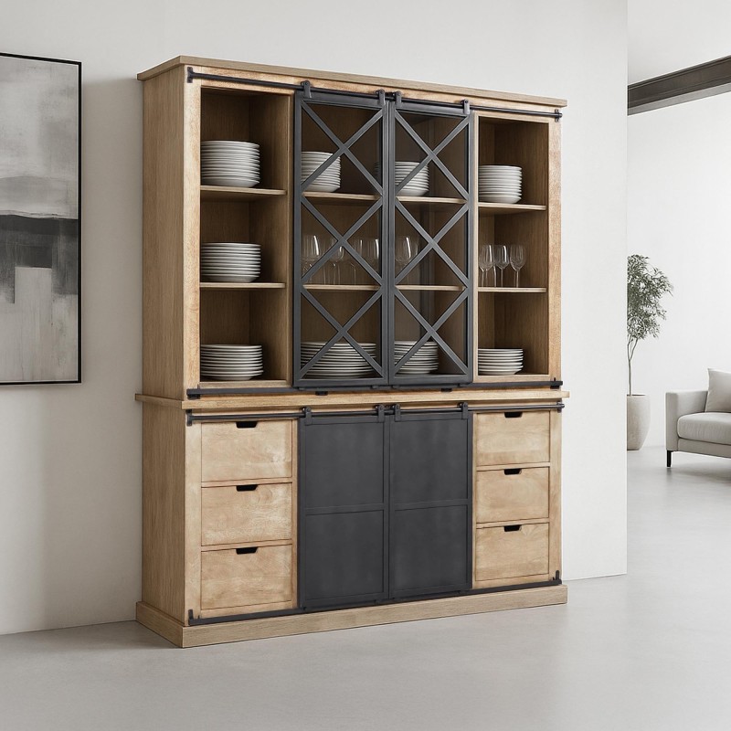 Vitrinekast in industriële stijl van massief hout 180 cm – Detroit