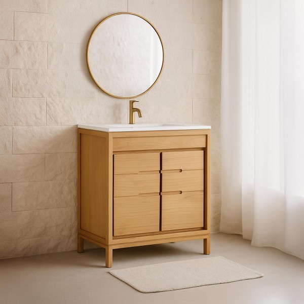 Badkamermeubel met één waskom in massief hout, glanzend wit – Ashwini