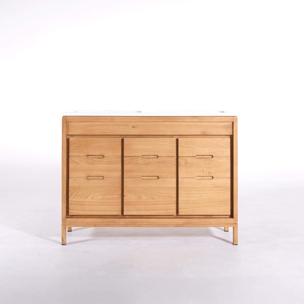 Badkamermeubel met dubbele waskom in massief hout, glanzend wit – Ashwini