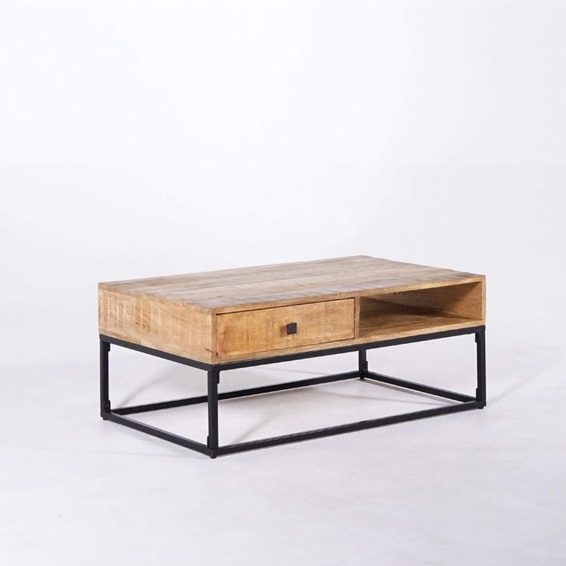 Salontafel in massief mangohout met metalen frame