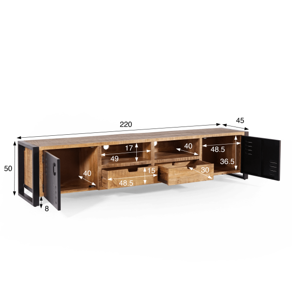 Tv-meubel in massief mangohout met metalen deur 220 cm – Kansas