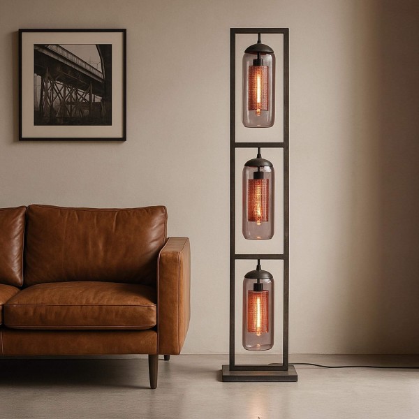 Staande lamp voor de salon met handgeblazen rookglazen lampenkappen – Brila