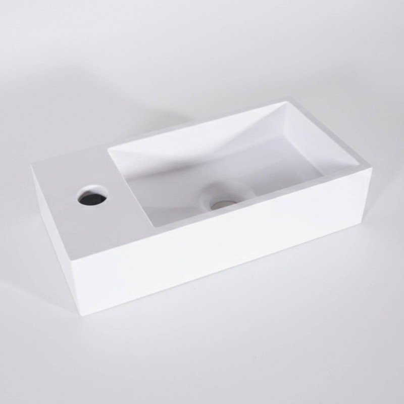 Kleine rechthoekige wastafel in keramiek, glanzend wit – Mila